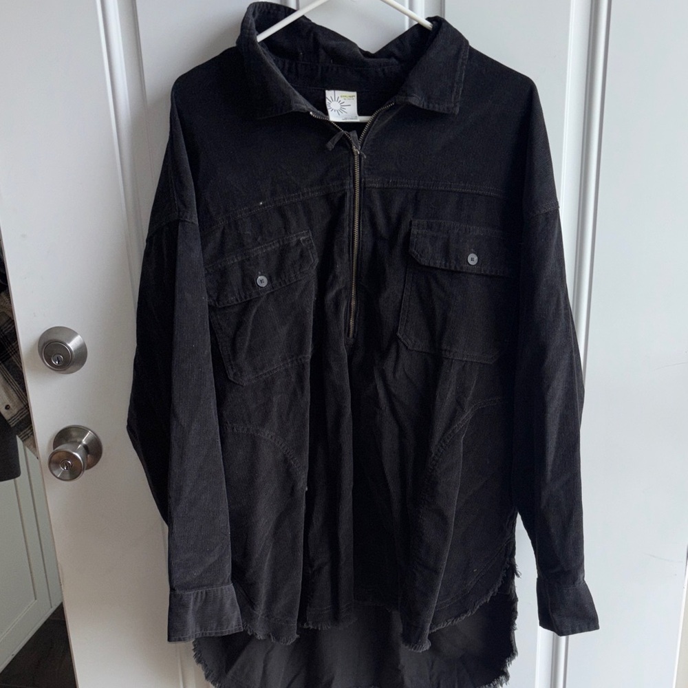 aerie Black Cordoroy Oversized Zip-Front Tunic Shirt